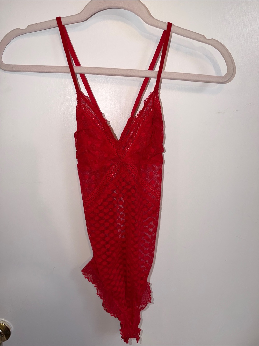 aerie Red Lace Sheer Bodysuit with Double Straps and Snap Bottom Closure